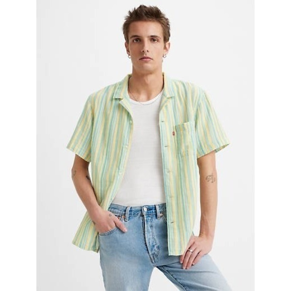Levis Button Up L Yellow Blue Stripe Relaxed Short Sleeve Coastal Gauze Retro